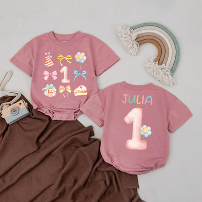 Custom First Birthday Shirt for Girls with Colorful Balloon Bow Design Personalized Name One Year Old Toddler Tee