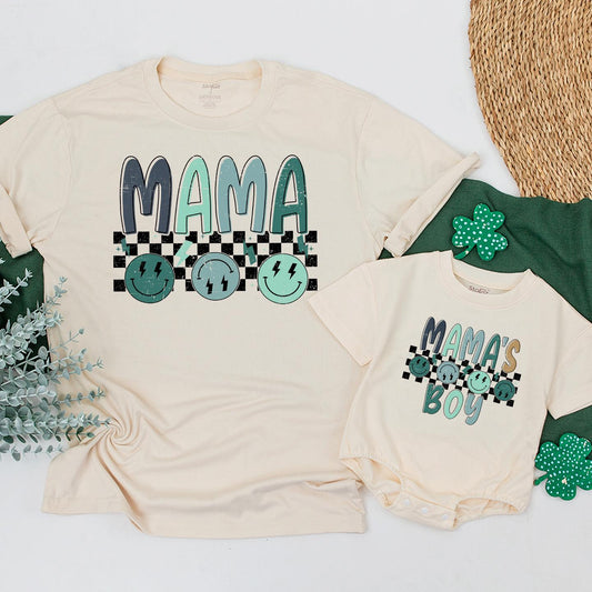 Retro Smiley Face Mama's Boy Matching Shirts: Mommy and Me Outfits, Baby Bodysuit, New Mom Gift, Checkered Design