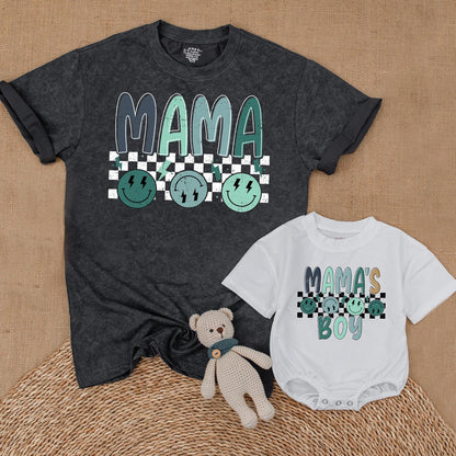 Retro Smiley Face Mama's Boy Matching Shirts: Mommy and Me Outfits, Baby Bodysuit, New Mom Gift, Checkered Design