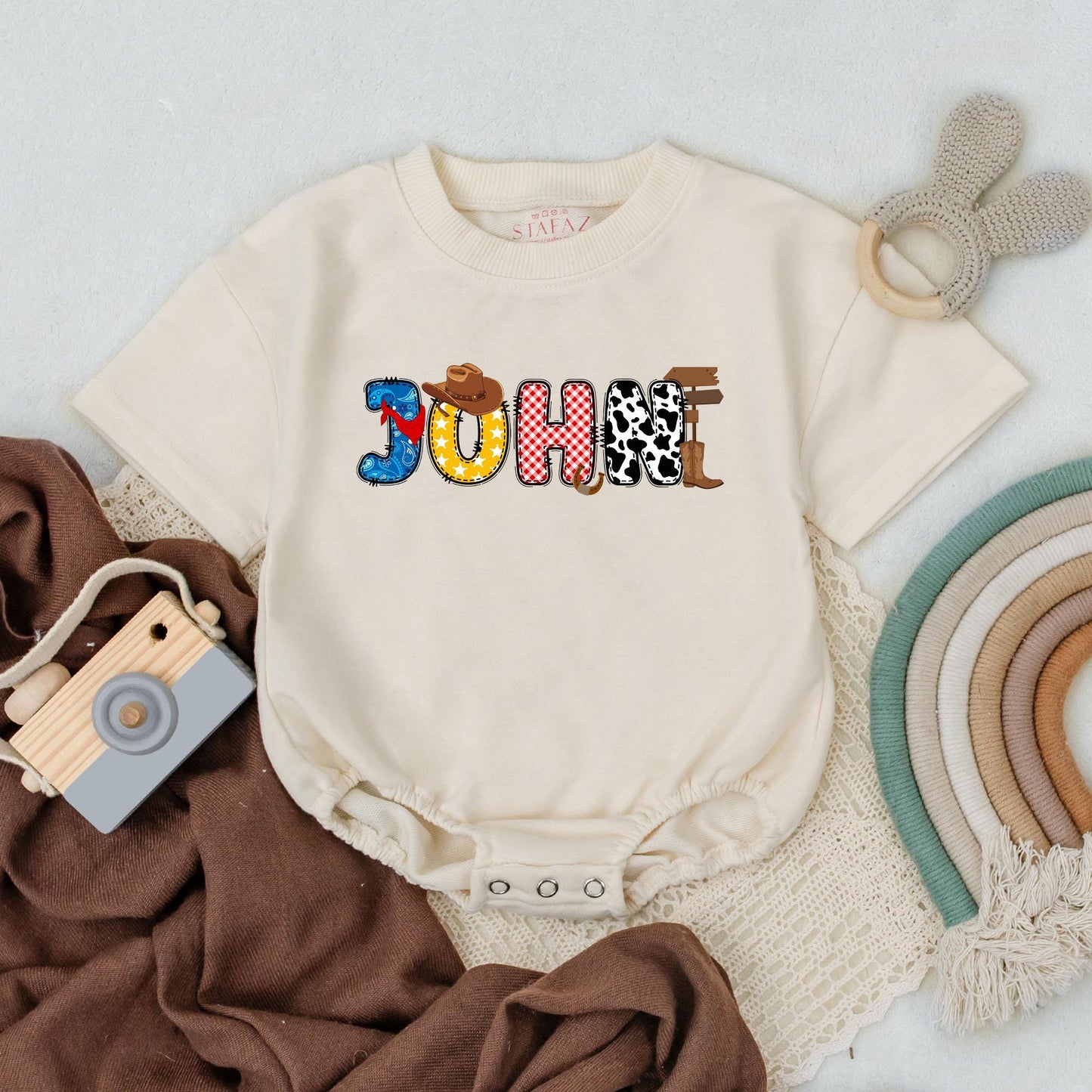 Personalized Cowboy Birthday Romper, Patchwork Name Outfit, Retro Western Baby Boy Clothes, First Birthday, Wild West Bodysuit, Custom Gift, Infant Apparel