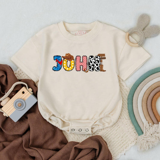 Personalized Cowboy Birthday Romper, Patchwork Name Outfit, Retro Western Baby Boy Clothes, First Birthday, Wild West Bodysuit, Custom Gift, Infant Apparel