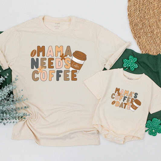 Mama's Coffee Date Matching Shirt Mama Needs Coffee Baby Bodysuit Coffee Lover Mom and Me Outfits
