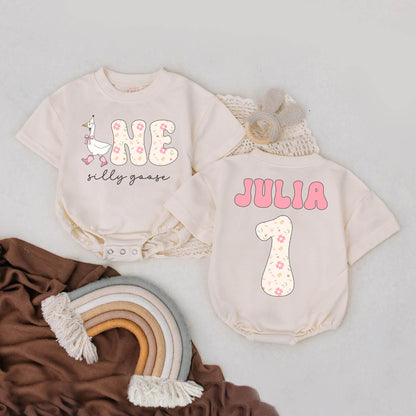 Silly Goose Birthday Romper Floral Pastel Custom Name Bubble Outfit First Birthday Girl Baby Shower Gift
