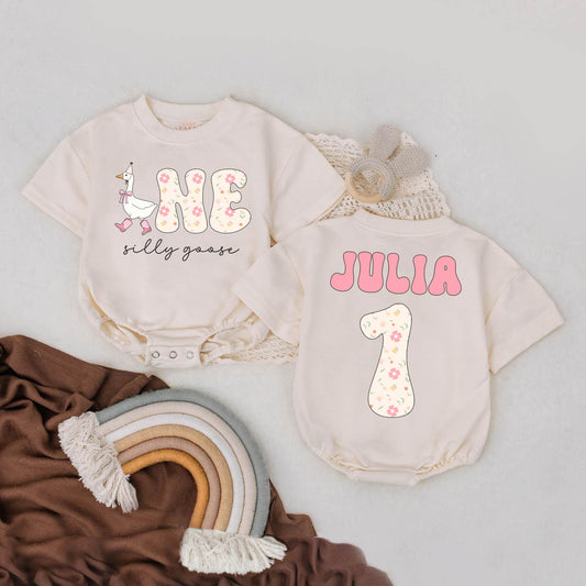 Silly Goose Birthday Romper Floral Pastel Custom Name Bubble Outfit First Birthday Girl Baby Shower Gift