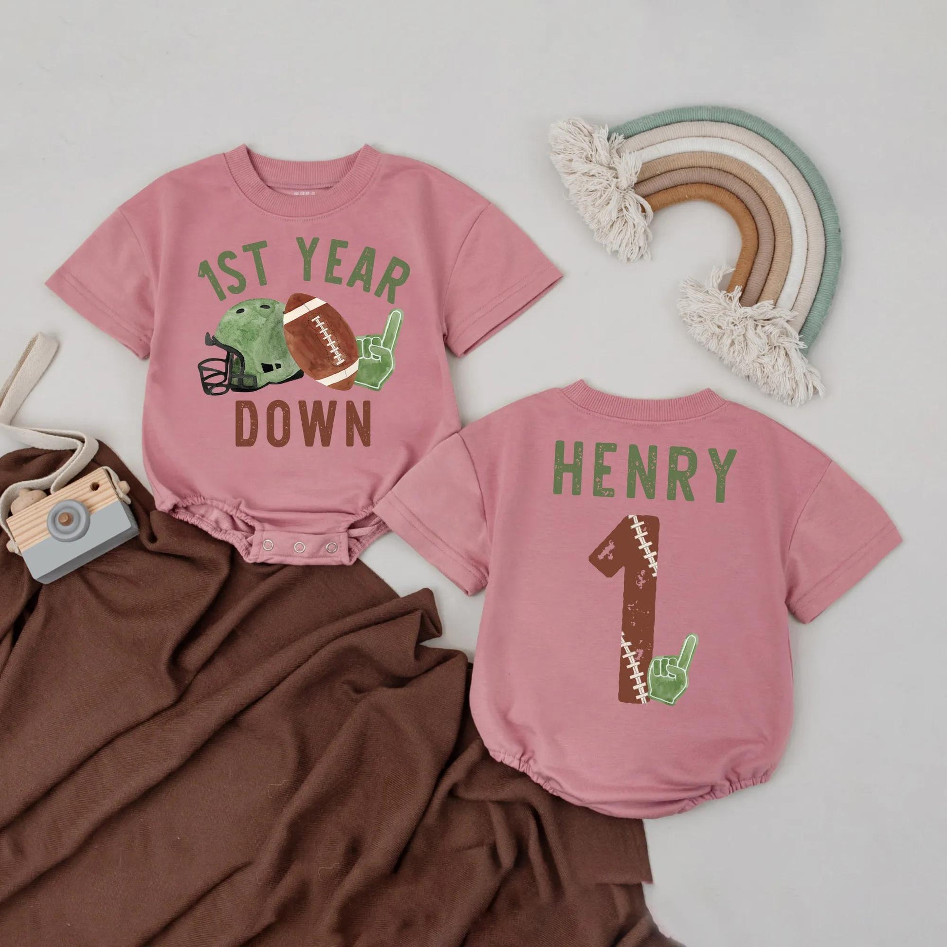 One Year Down Bubble Romper Custom Name First Birthday Outfit Baby Sports Birthday Gift Game Day Football Celebration