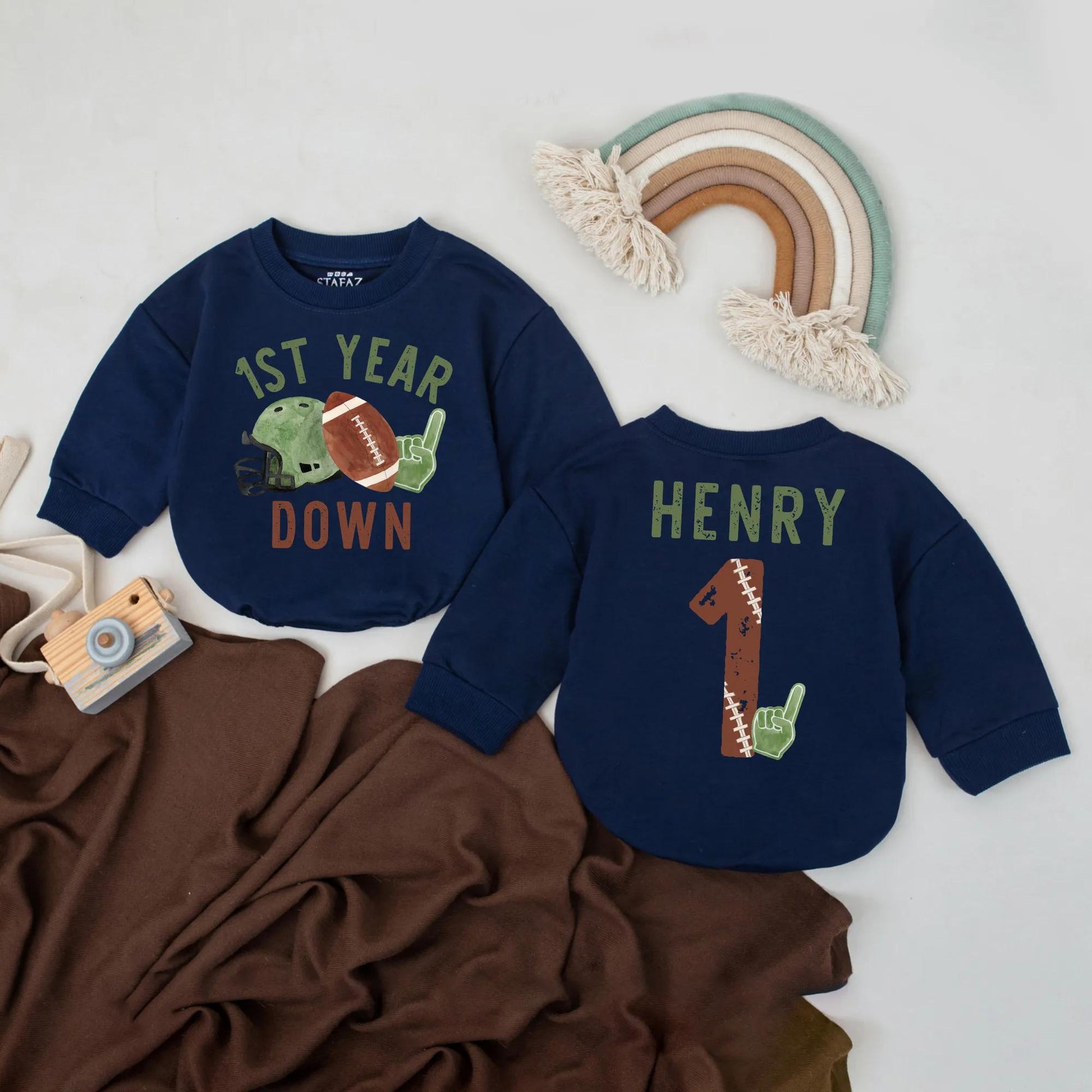One Year Down Bubble Romper Custom Name First Birthday Outfit Baby Sports Birthday Gift Game Day Football Celebration