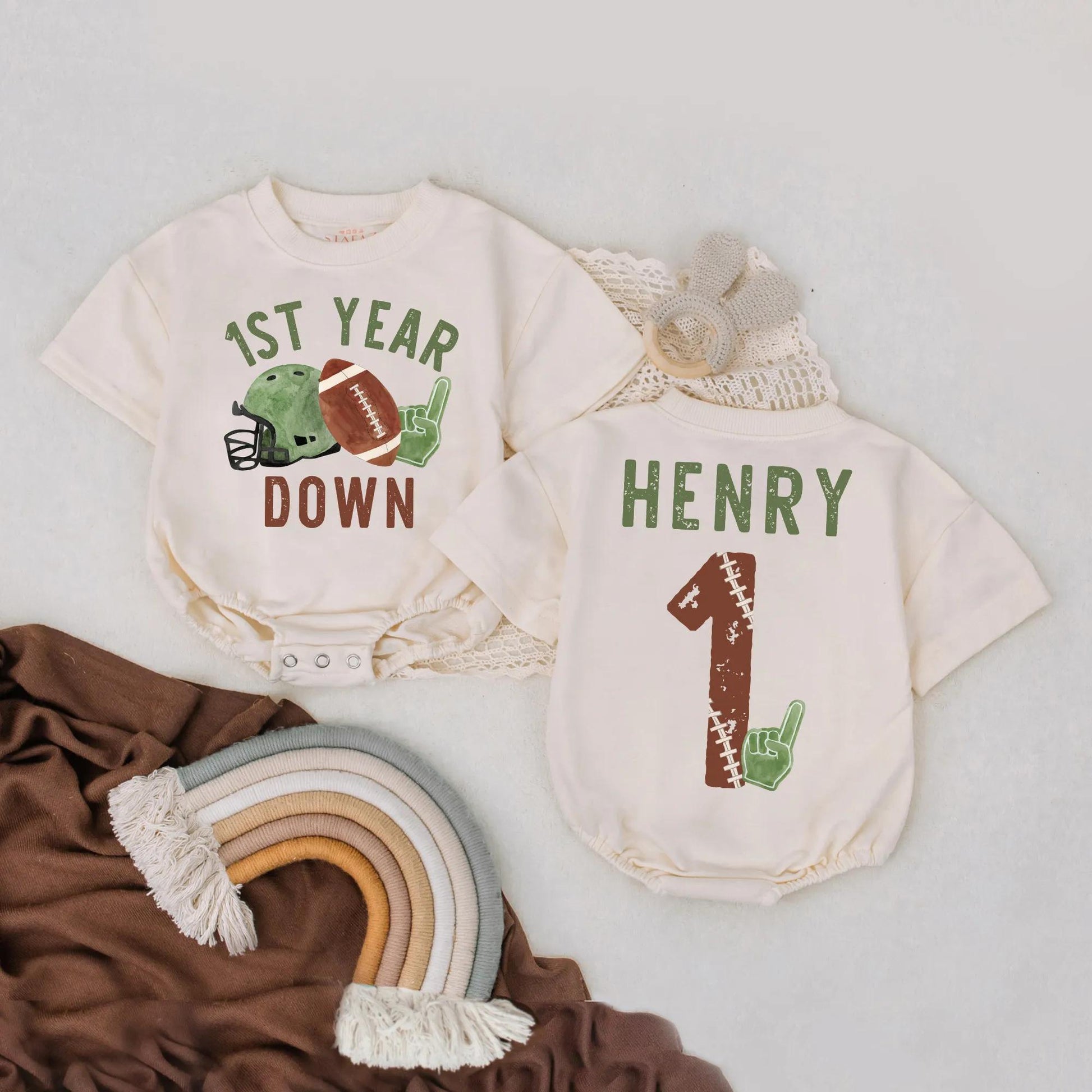 One Year Down Bubble Romper Custom Name First Birthday Outfit Baby Sports Birthday Gift Game Day Football Celebration