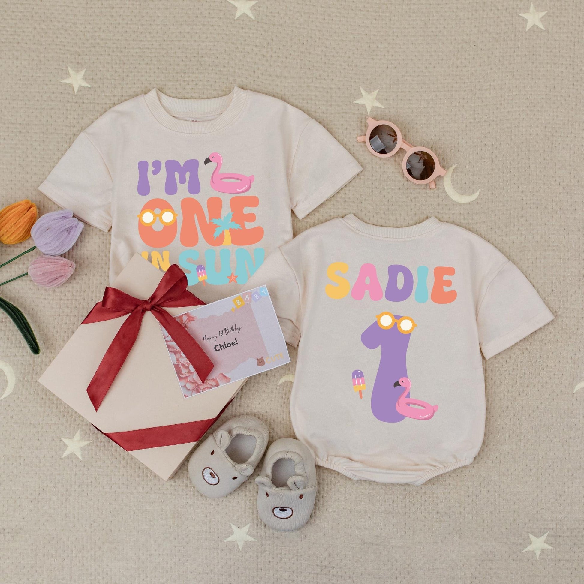 Personalized Sadie "One in the Sun" 1st Birthday Romper Girl Tropical Flamingo Pool Party Outfit Summer