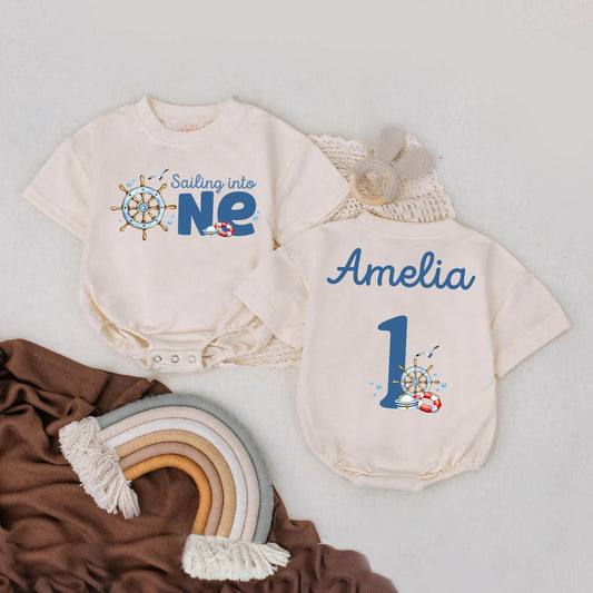 Personalized Sailing Baby Bubble Romper First Birthday Ocean Theme Outfit with Name for Beach Photoshoot Party Gift Nautical Style Summer Wear