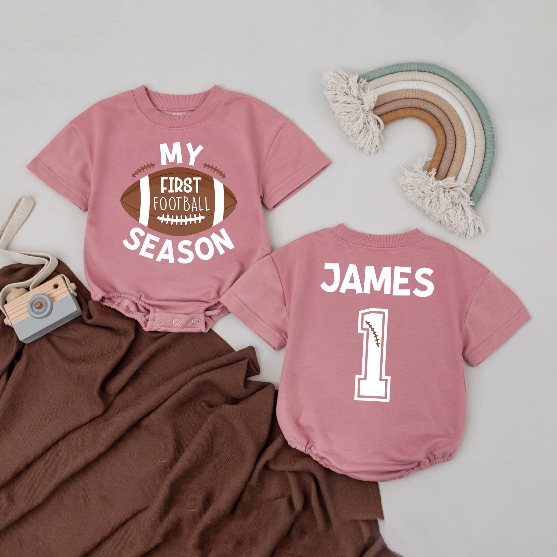 My First Football Season Romper Personalized Game Day Outfit Baby Boy Girl Bodysuit for 1 Year Down Football Party Gift