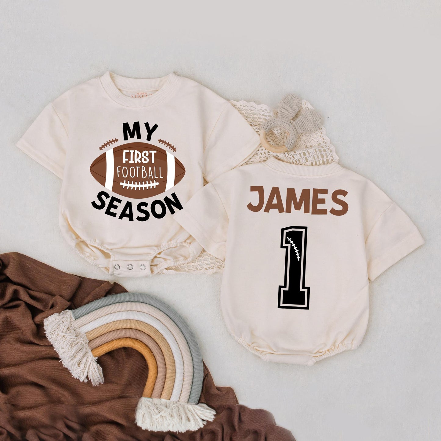 My First Football Season Romper Personalized Game Day Outfit Baby Boy Girl Bodysuit for 1 Year Down Football Party Gift