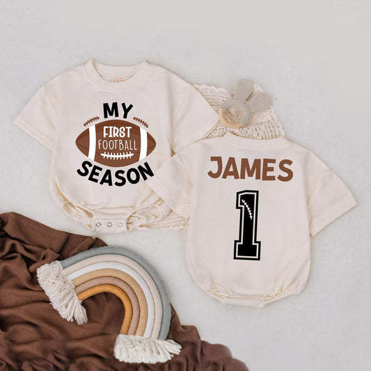My First Football Season Romper Personalized Game Day Outfit Baby Boy Girl Bodysuit for 1 Year Down Football Party Gift