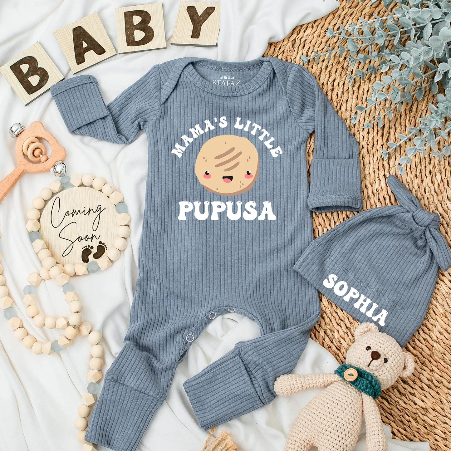 Funny Mama's Little Pupusa Baby Bodysuit, a cute Hispanic newborn outfit ideal for baby shower gifts, new mom surprises, and pregnancy announcements.