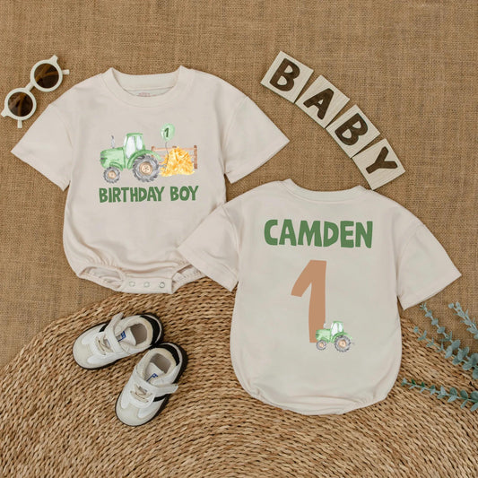 Personalized Green Tractor 1st Birthday Baby Romper Boy Outfit Farm Theme Gift, Custom Name on 1 Year Old Shirt, Party Clothes
