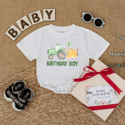 Personalized Green Tractor 1st Birthday Baby Romper Boy Outfit Farm Theme Gift, Custom Name on 1 Year Old Shirt, Party Clothes