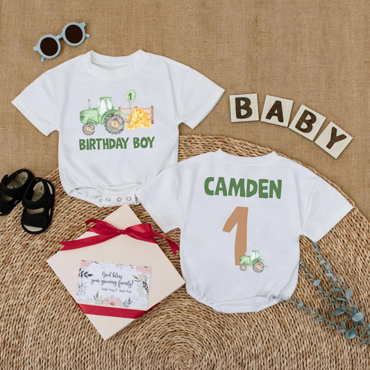 Personalized Green Tractor 1st Birthday Baby Romper Boy Outfit Farm Theme Gift, Custom Name on 1 Year Old Shirt, Party Clothes
