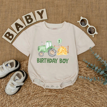 Personalized Green Tractor 1st Birthday Baby Romper Boy Outfit Farm Theme Gift, Custom Name on 1 Year Old Shirt, Party Clothes
