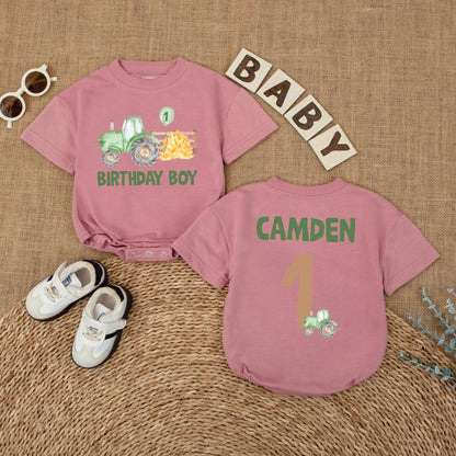 Personalized Green Tractor 1st Birthday Baby Romper Boy Outfit Farm Theme Gift, Custom Name on 1 Year Old Shirt, Party Clothes
