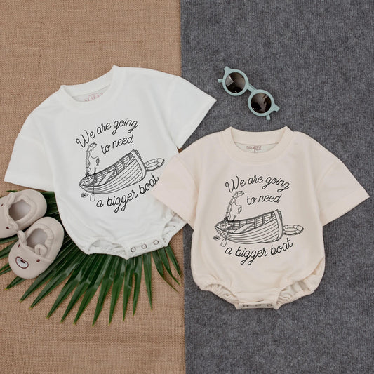 We're Going to Need a Bigger Boat Bubble Romper Baby Announcement Bodysuit Boating Themed Infant Pregnancy Reveal Gift Idea Soft Cotton Baby Shower Outfit Ships Fast