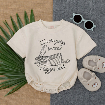 We're Going to Need a Bigger Boat Bubble Romper Baby Announcement Bodysuit Boating Themed Infant Pregnancy Reveal Gift Idea Soft Cotton Baby Shower Outfit Ships Fast