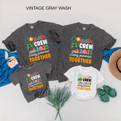Cousin Crew 2025 Matching Family Vacation Shirts, Living Memories Together Tee, Fun Beach Trip Tops, Summer Reunion Outfit, Peach Seashell Design  