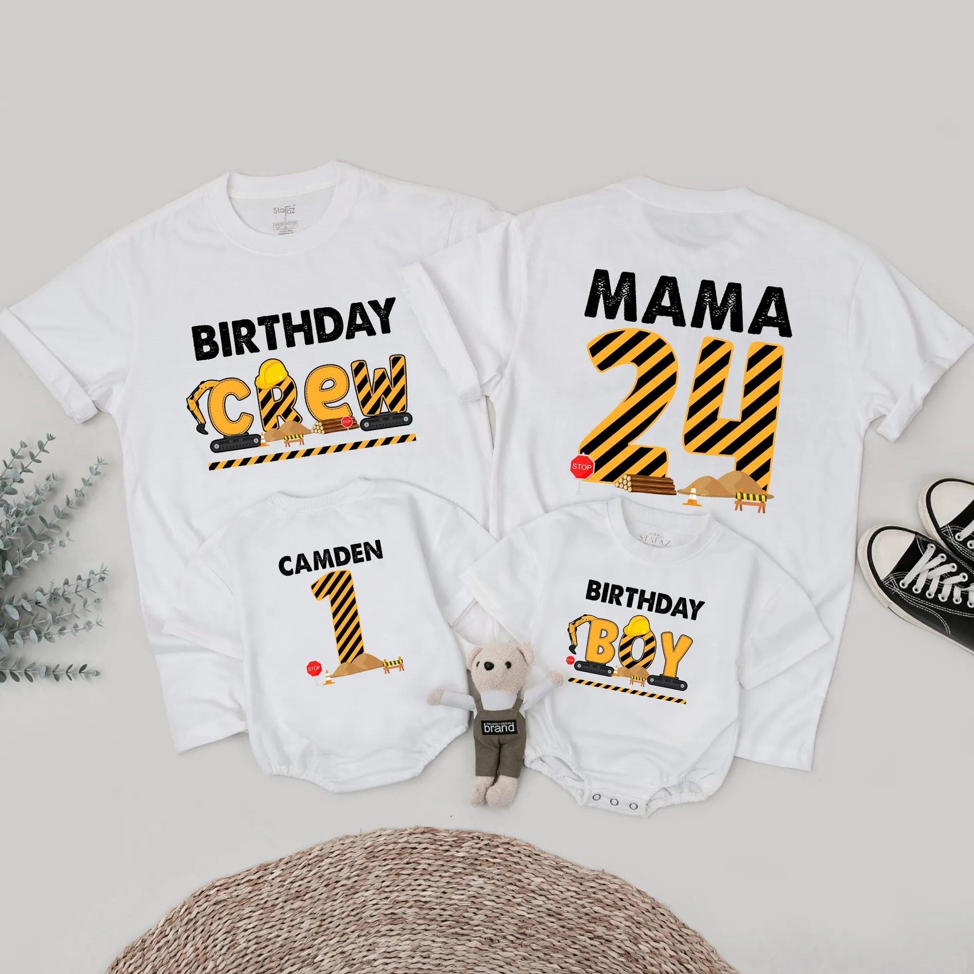 Matching Construction Birthday Crew Shirts, Custom Camden 1st Birthday Outfit for Baby Boy, Digging It Truck Theme, Black & Yellow