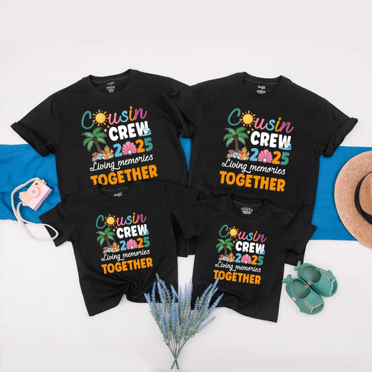 Cousin Crew 2025 Matching Family Vacation Shirts, Living Memories Together Tee, Fun Beach Trip Tops, Summer Reunion Outfit, Peach Seashell Design  