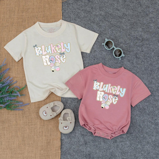 Preppy Floral Back to School Outfit for Toddler Girls Custom Name Shirt Romper First Day of School Personalized Gift with Cute Bow Design