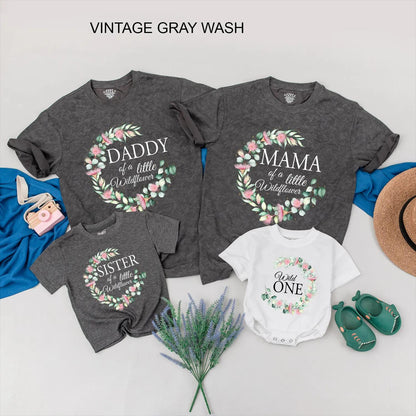 Matching Wildflower Family Birthday Shirts, Personalized Boho Floral Set for Baby Girl, Wild One Outfit, 1st Birthday Gift, Soft Pink & Green