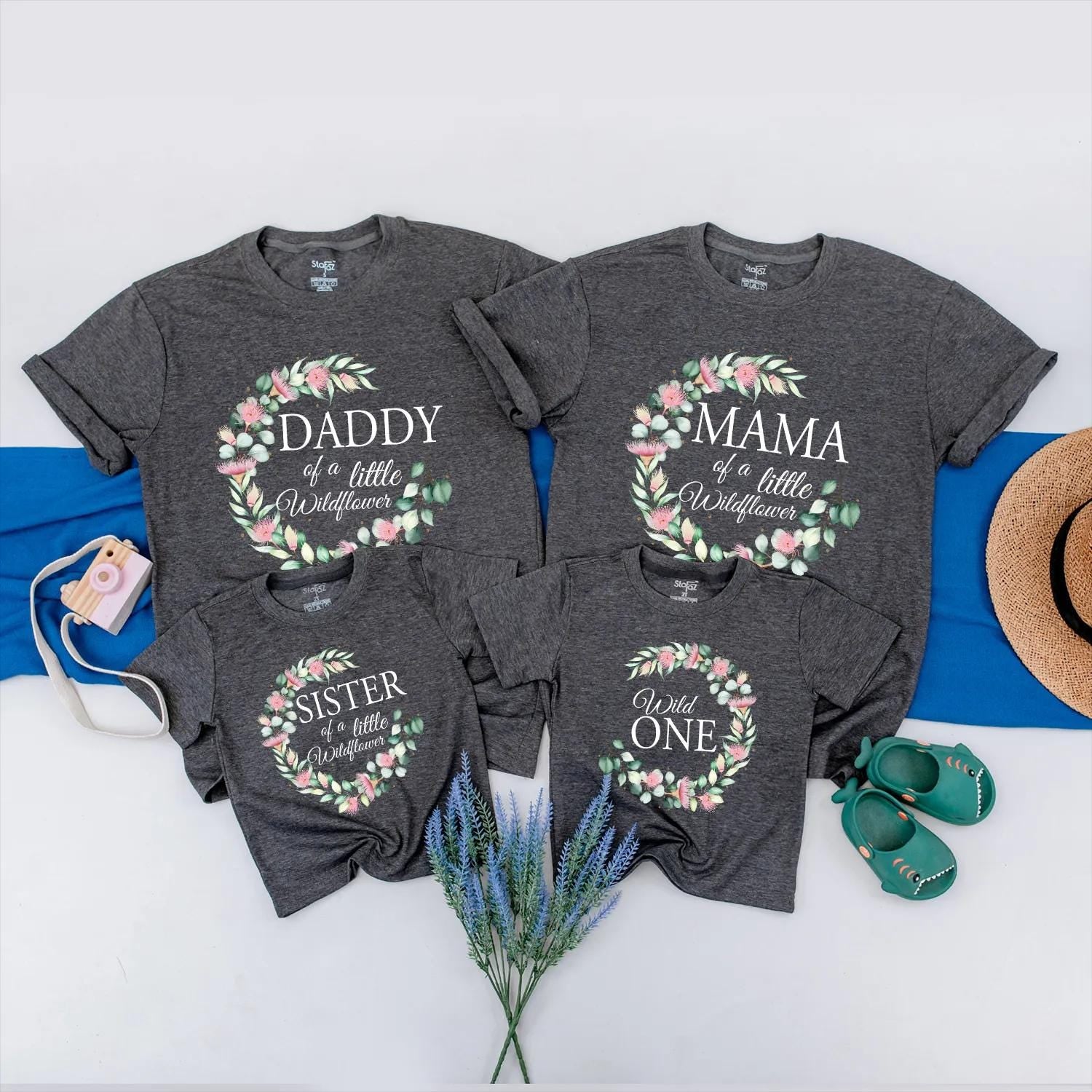 Matching Wildflower Family Birthday Shirts, Personalized Boho Floral Set for Baby Girl, Wild One Outfit, 1st Birthday Gift, Soft Pink & Green