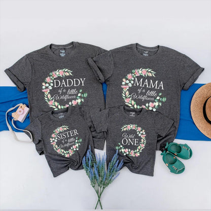 Matching Wildflower Family Birthday Shirts, Personalized Boho Floral Set for Baby Girl, Wild One Outfit, 1st Birthday Gift, Soft Pink & Green