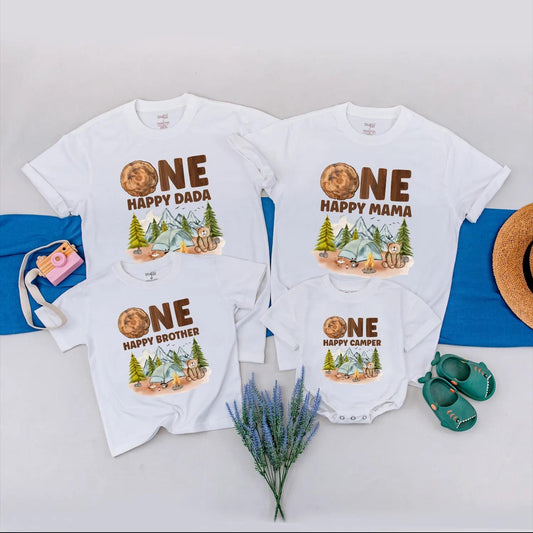 Matching Family Camping First Birthday Shirts, One Happy Camper Outfit, Personalized 1st Birthday Boy Tee, Custom Name, Camp Party Clothes