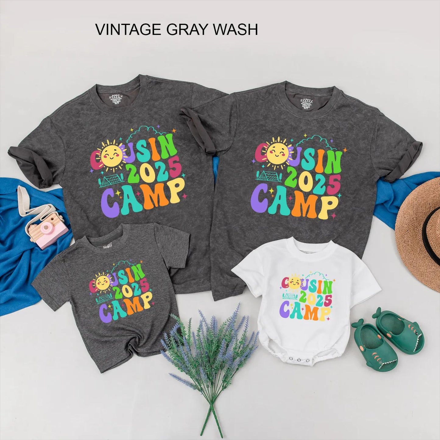 Cousin Camp 2025 Matching Family Shirts: Colorful Reunion Tees with Sun & Tent Graphics! Fun Summer Trip Outfits for Boys, Girls, & Babies