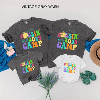 Cousin Camp 2025 Matching Family Shirts: Colorful Reunion Tees with Sun & Tent Graphics! Fun Summer Trip Outfits for Boys, Girls, & Babies