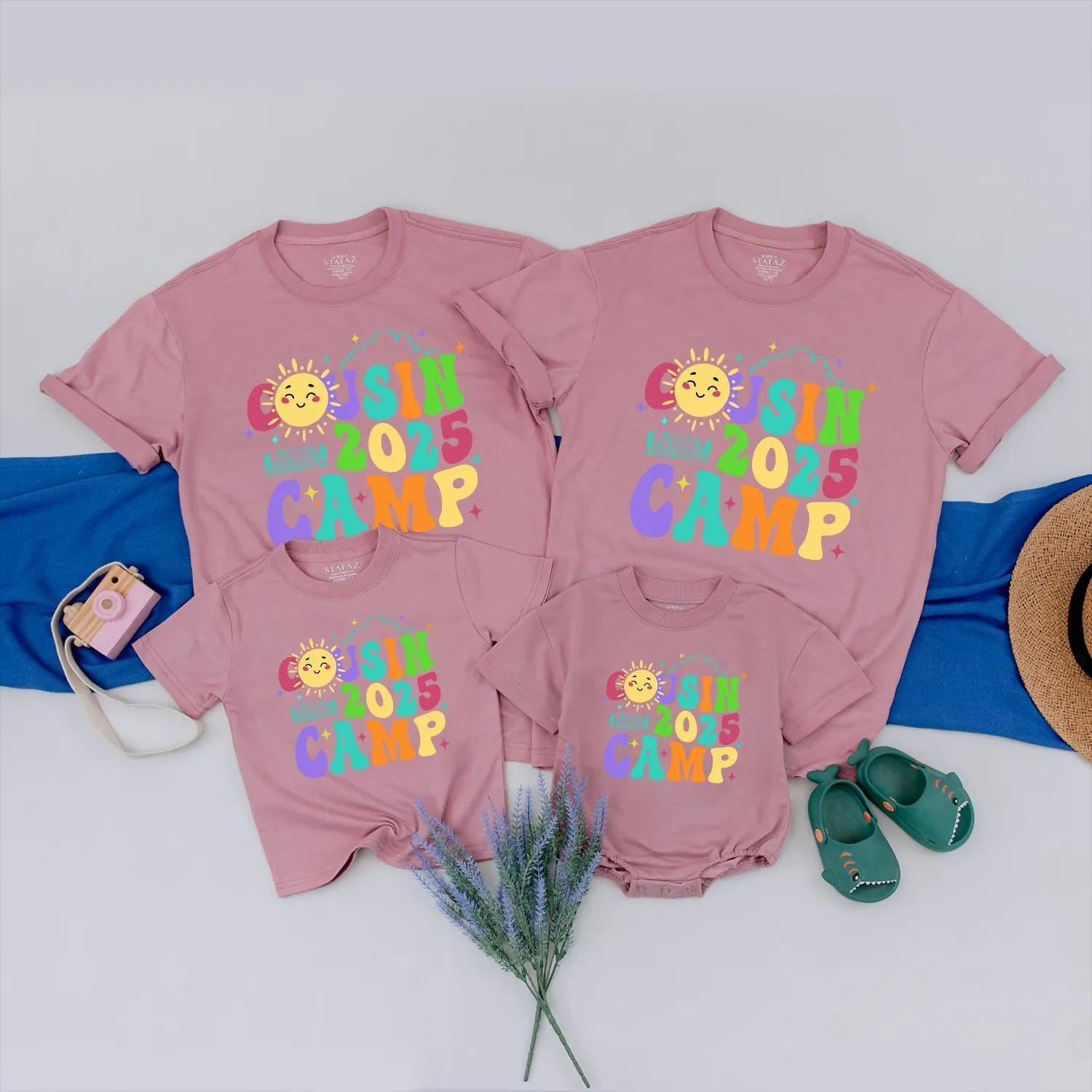 Cousin Camp 2025 Matching Family Shirts: Colorful Reunion Tees with Sun & Tent Graphics! Fun Summer Trip Outfits for Boys, Girls, & Babies