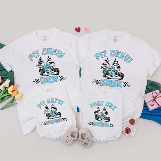 Fast One Birthday Pit Crew Family Matching T-Shirts Custom Race Car 1st Birthday Boy Outfit Mom Dad Baby Racer Apparel