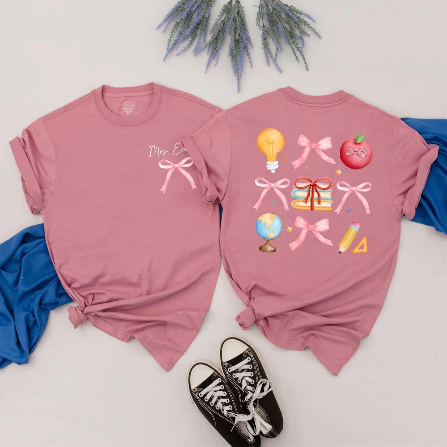 Custom Pink Bow Teacher Shirt Personalized Back to School Gift for Women Preppy Teacher Appreciation Present