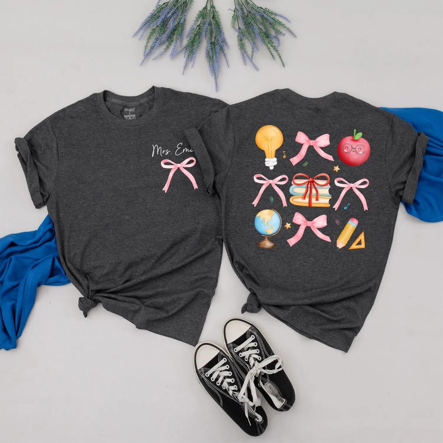 Custom Pink Bow Teacher Shirt Personalized Back to School Gift for Women Preppy Teacher Appreciation Present