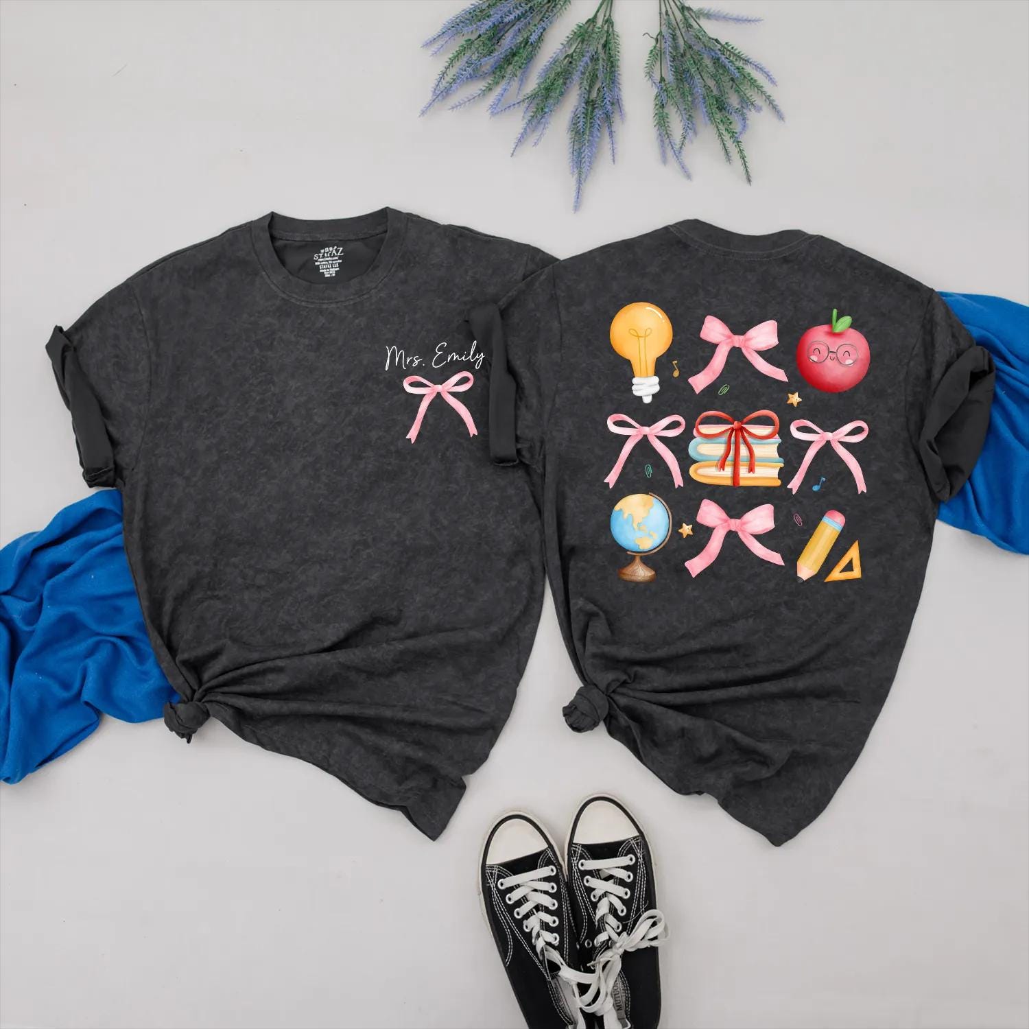 Custom Pink Bow Teacher Shirt Personalized Back to School Gift for Women Preppy Teacher Appreciation Present