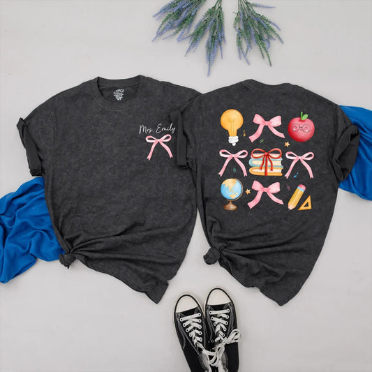 Custom Pink Bow Teacher Shirt Personalized Back to School Gift for Women Preppy Teacher Appreciation Present