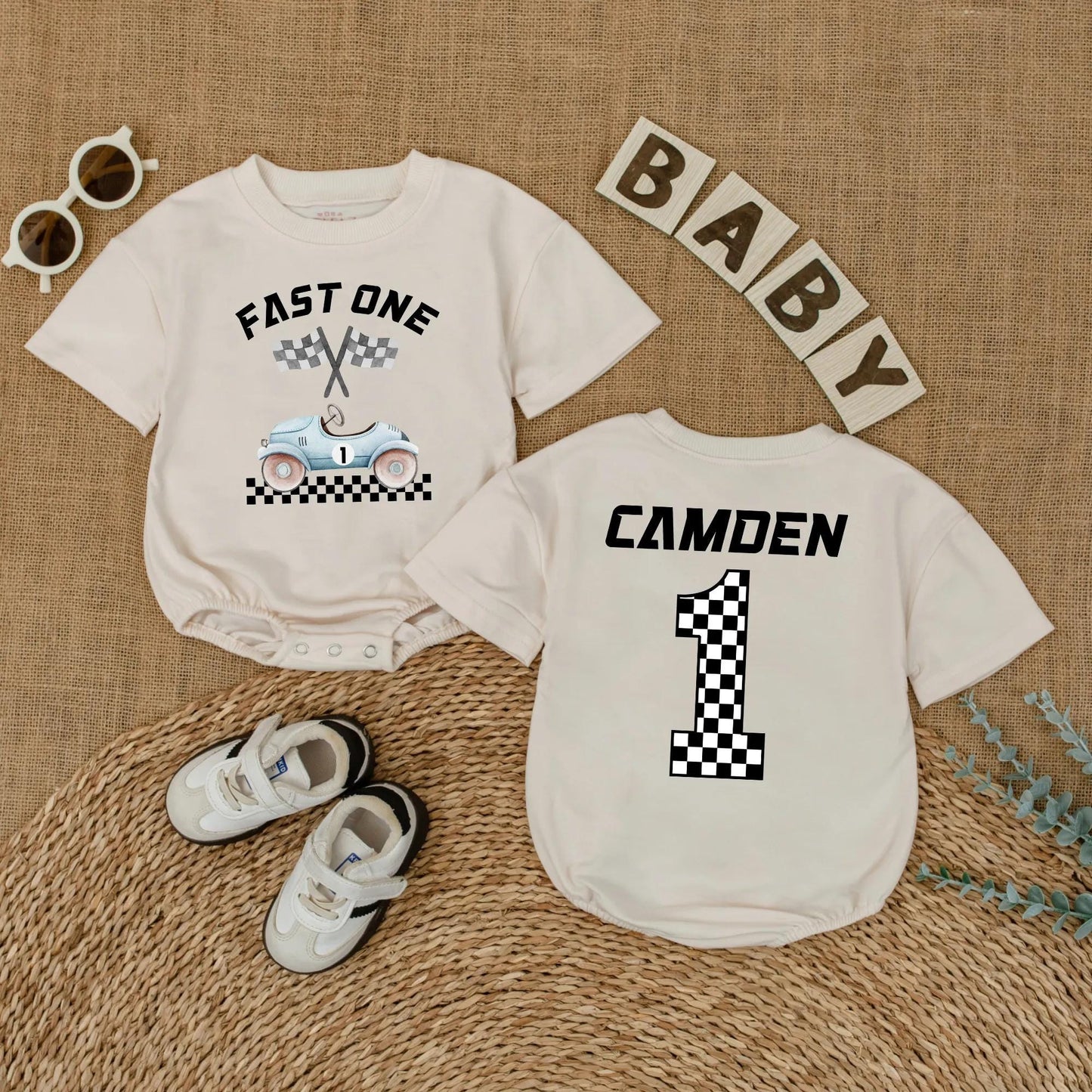 Custom Name Fast One Race Car First Birthday Baby Boy Romper Outfit Bodysuit Cake Smash Party Gift for Toddlers Boys