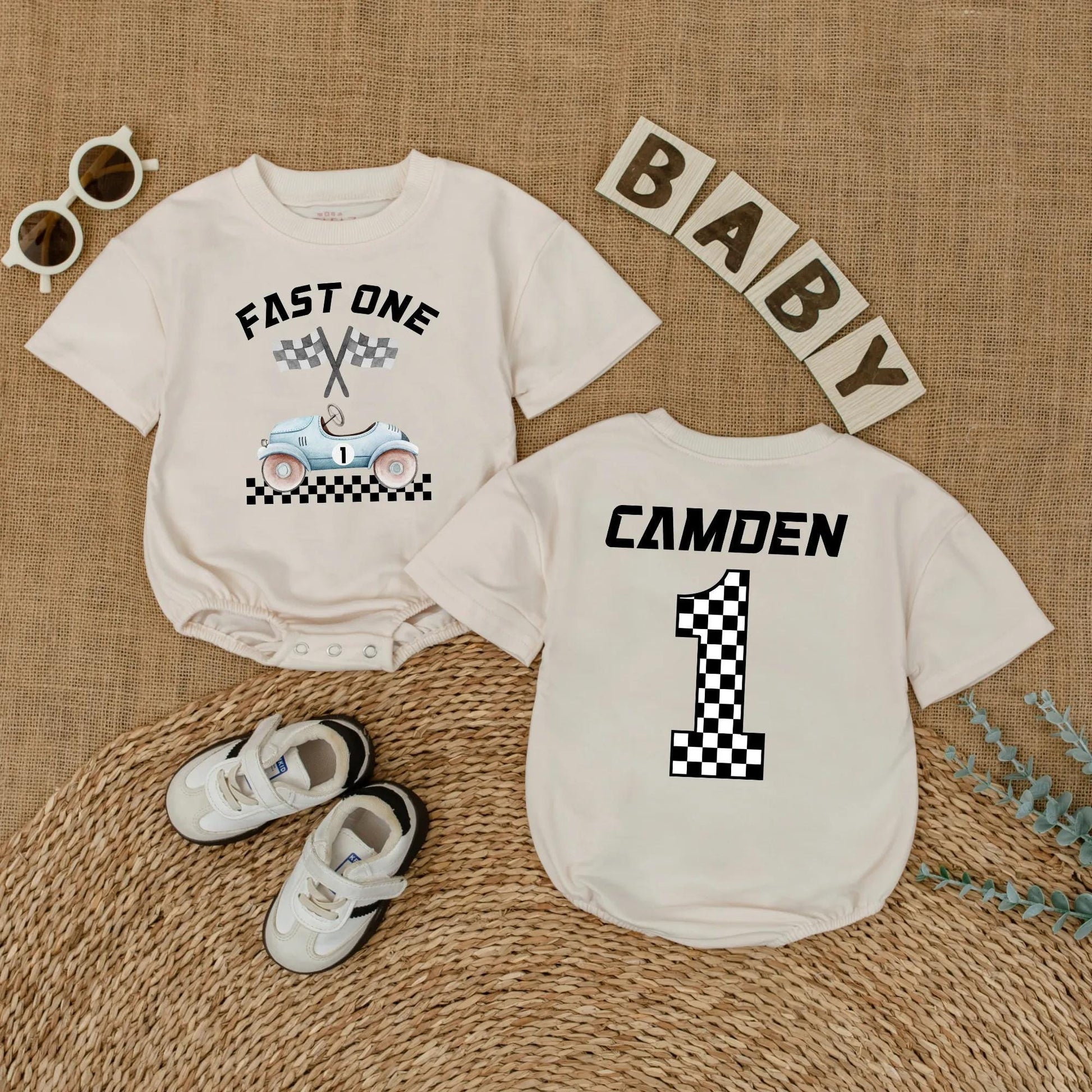 Custom Name Fast One Race Car First Birthday Baby Boy Romper Outfit Bodysuit Cake Smash Party Gift for Toddlers Boys