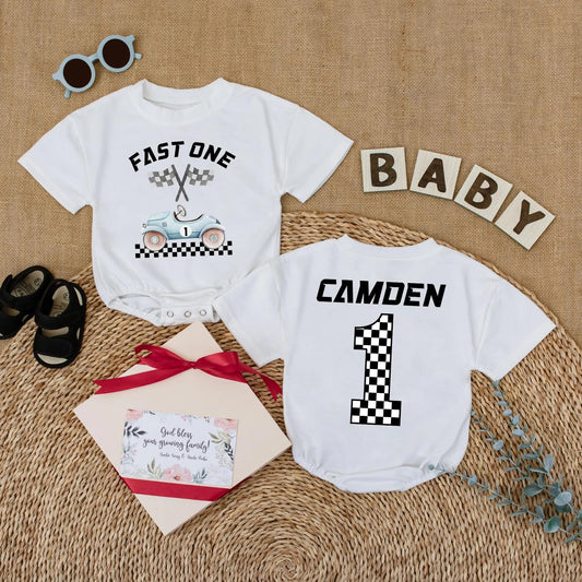 Custom Name Fast One Race Car First Birthday Baby Boy Romper Outfit Bodysuit Cake Smash Party Gift for Toddlers Boys