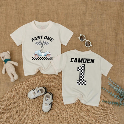Custom Name Fast One Race Car First Birthday Baby Boy Romper Outfit Bodysuit Cake Smash Party Gift for Toddlers Boys