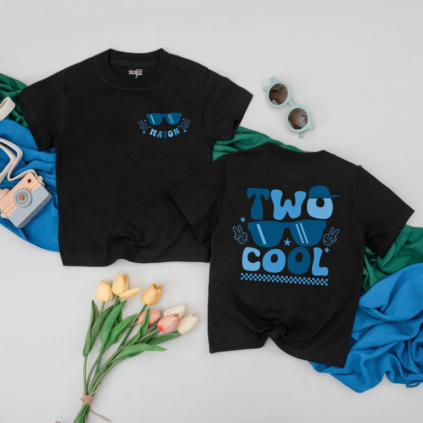 Two Cool Dude Personalized 2nd Birthday Shirt, Sunglasses Peace Signs Boy Outfit Custom Name Toddler Tee Party Gift Blue Star Design, 2 Year Old (137 chars)