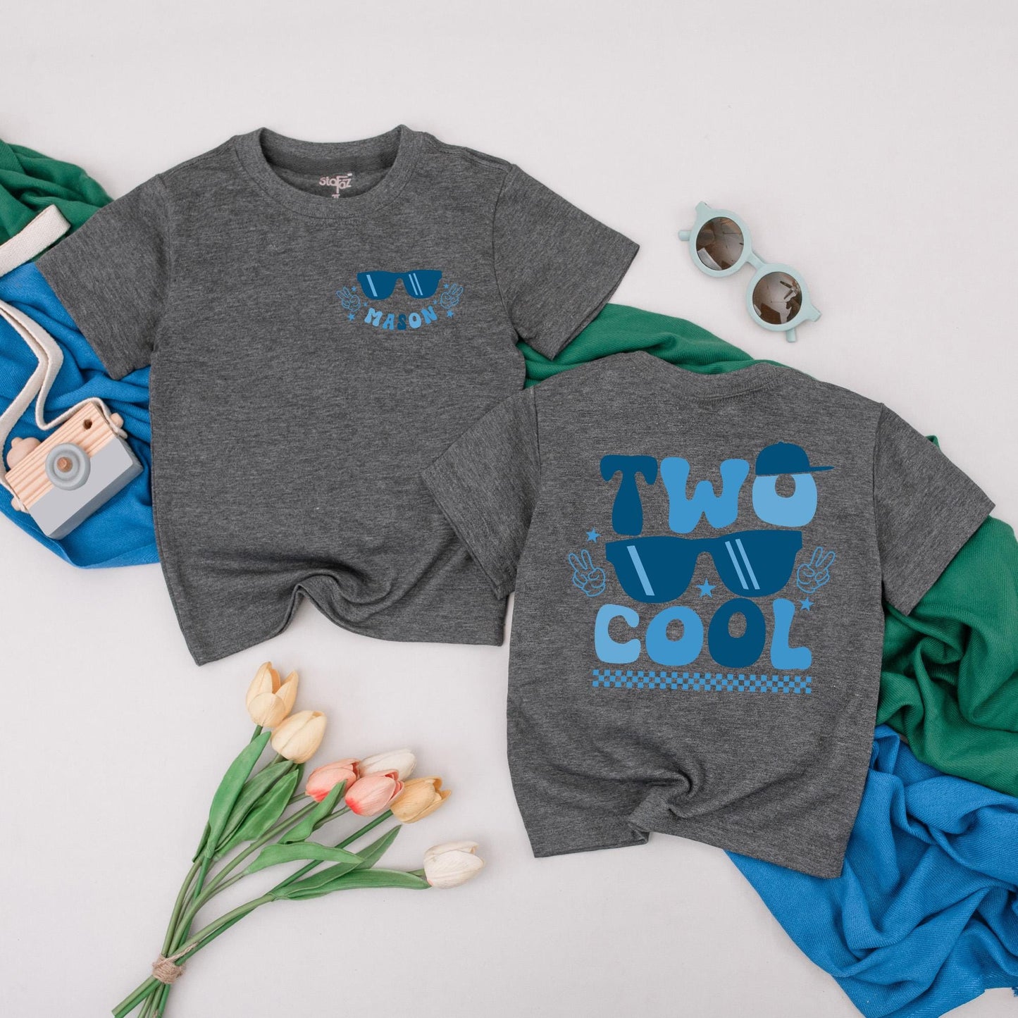 Two Cool Dude Personalized 2nd Birthday Shirt, Sunglasses Peace Signs Boy Outfit Custom Name Toddler Tee Party Gift Blue Star Design, 2 Year Old (137 chars)