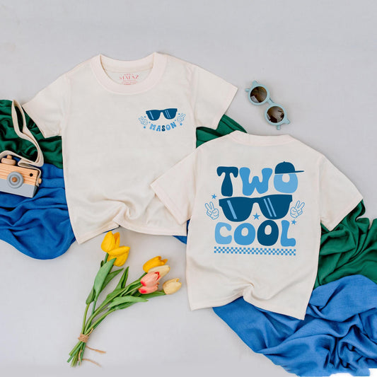 Two Cool Dude Personalized 2nd Birthday Shirt, Sunglasses Peace Signs Boy Outfit Custom Name Toddler Tee Party Gift Blue Star Design, 2 Year Old (137 chars)