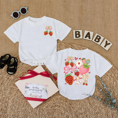 Boho Floral Strawberry Bubble Romper Baby Girl Outfit Cute Summer Fruit Infant Clothes Strawberry Baby Girl