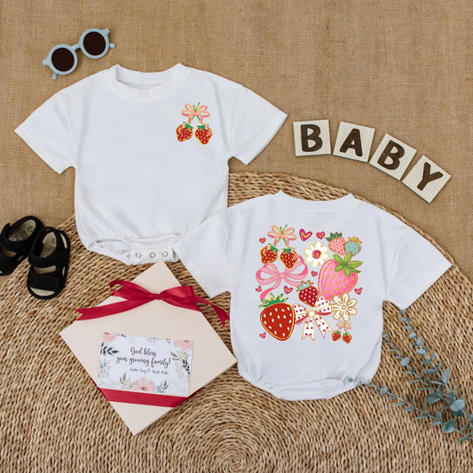 Boho Floral Strawberry Bubble Romper Baby Girl Outfit Cute Summer Fruit Infant Clothes Strawberry Baby Girl