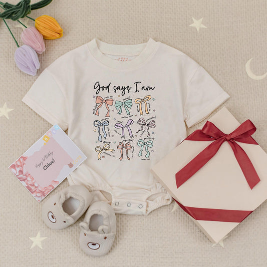 God Says I Am Baby Girl Romper Cute Bows Christian Bodysuit Pastel Colors Sunday School Outfit Sweet Religious Gift for Girls Adorable Babysuit 135